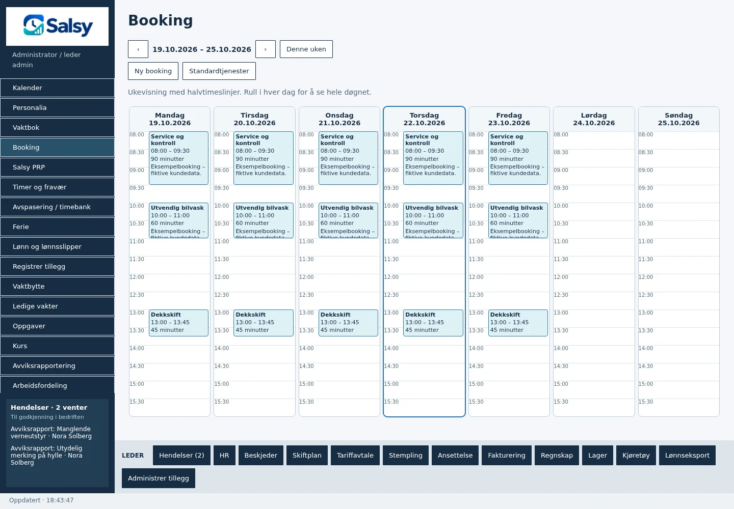 Booking og ukevisning i Salsy PC-nettklient
