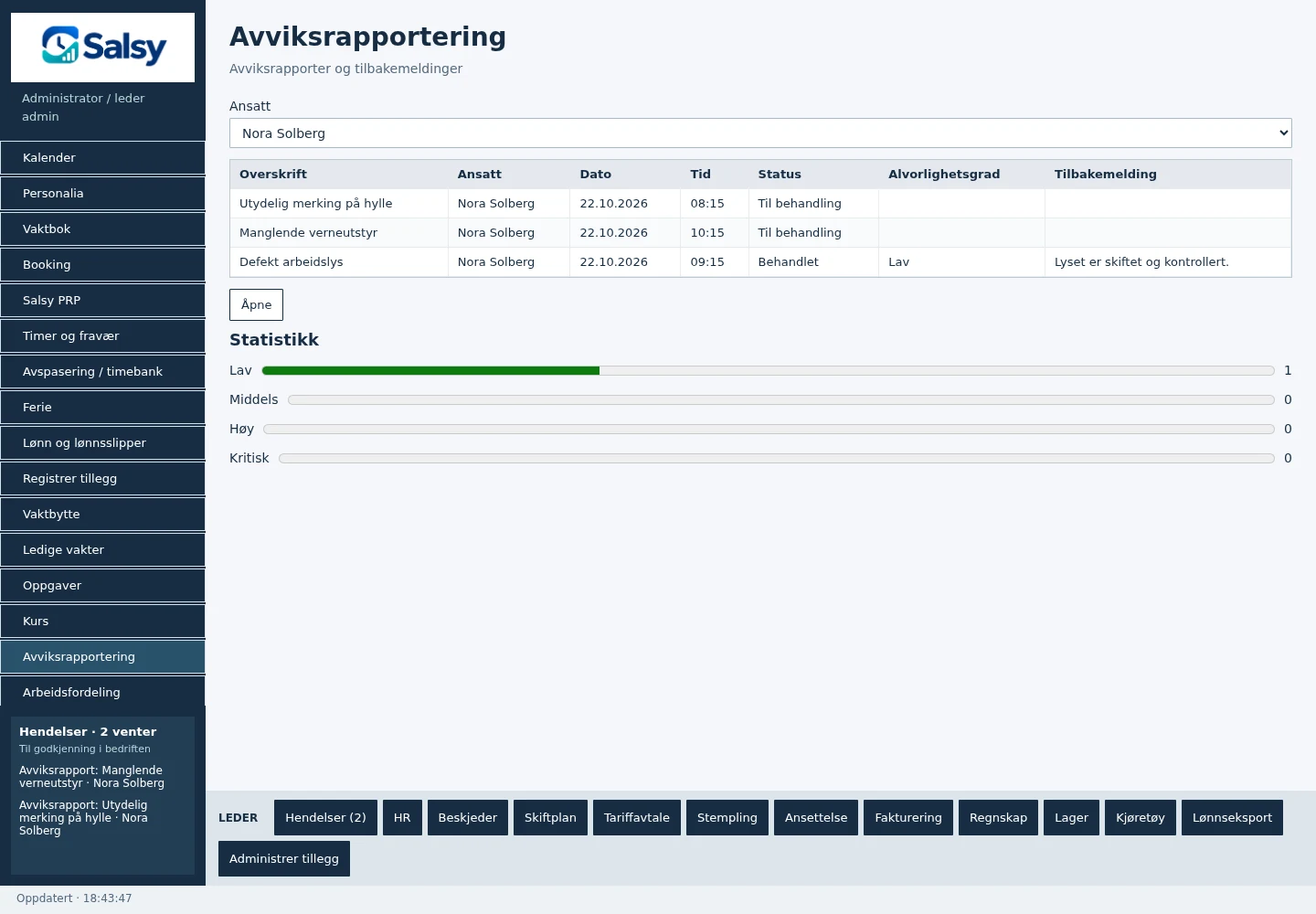 Avviksrapporter i Salsy PC-nettklient